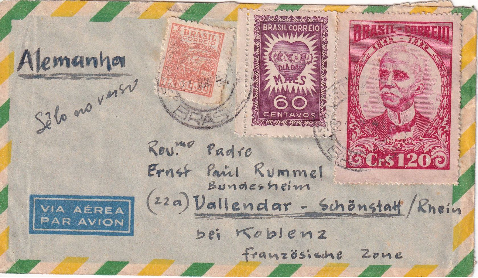 Brasilien - 1,20 Cr. Barbosa Ua. Luftpostbrief Campos Do Jordao - Vallendar 1951 - Enteros Postales