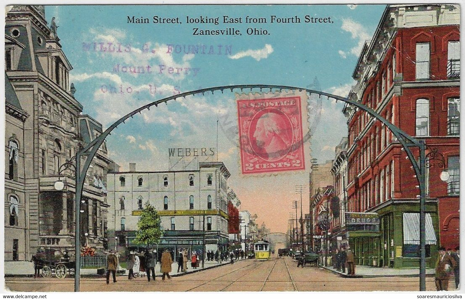 USA 1910s Postcard Photo Main Street Looking East From 4th Street In Zanesville Sent To Brazil Stamp Washington 2 Cents - Zanesville