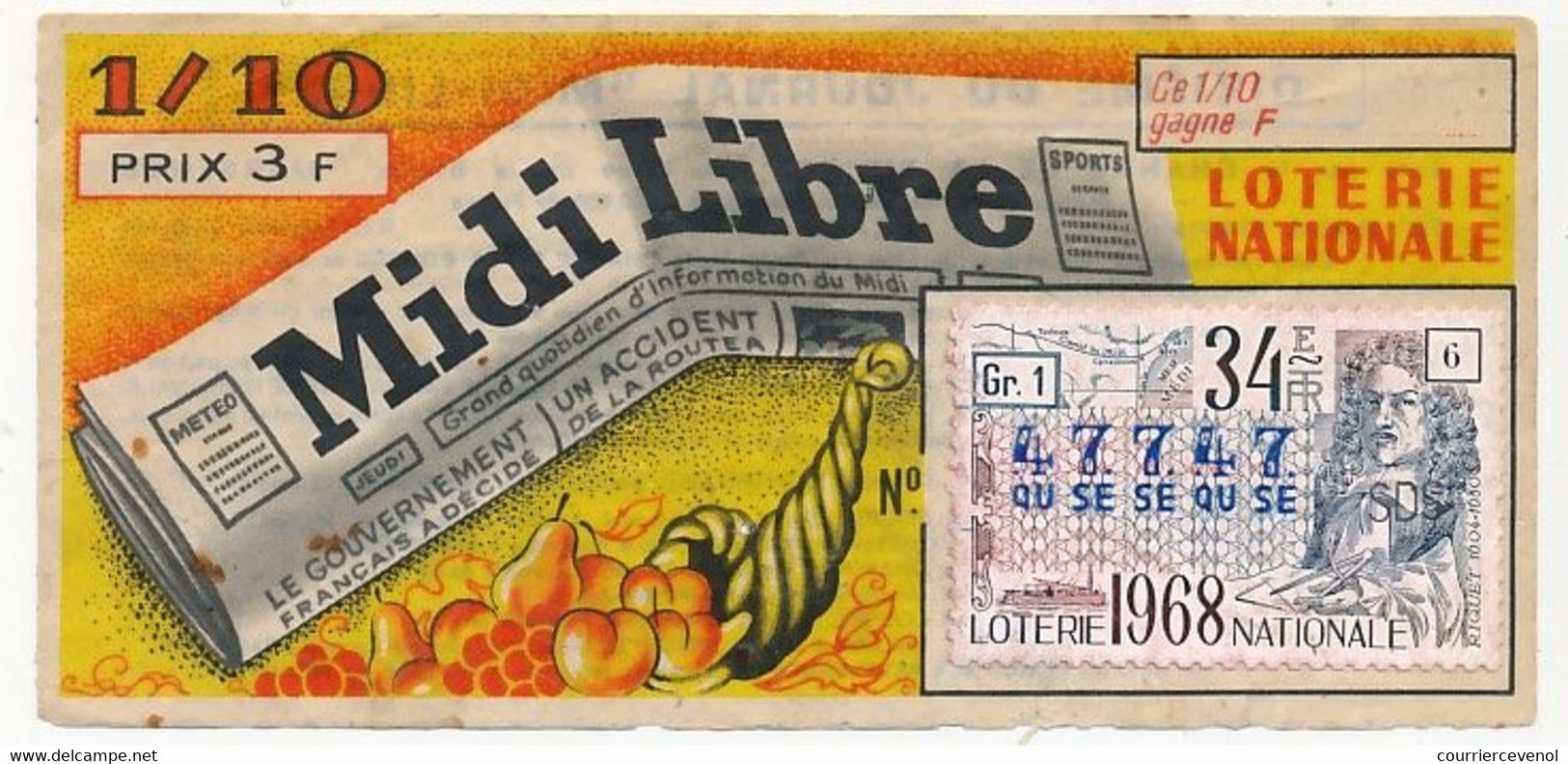 FRANCE - Loterie Nationale - 1/10ème - MIDI LIBRE - 34eme Tranche 1968 - Billets De Loterie