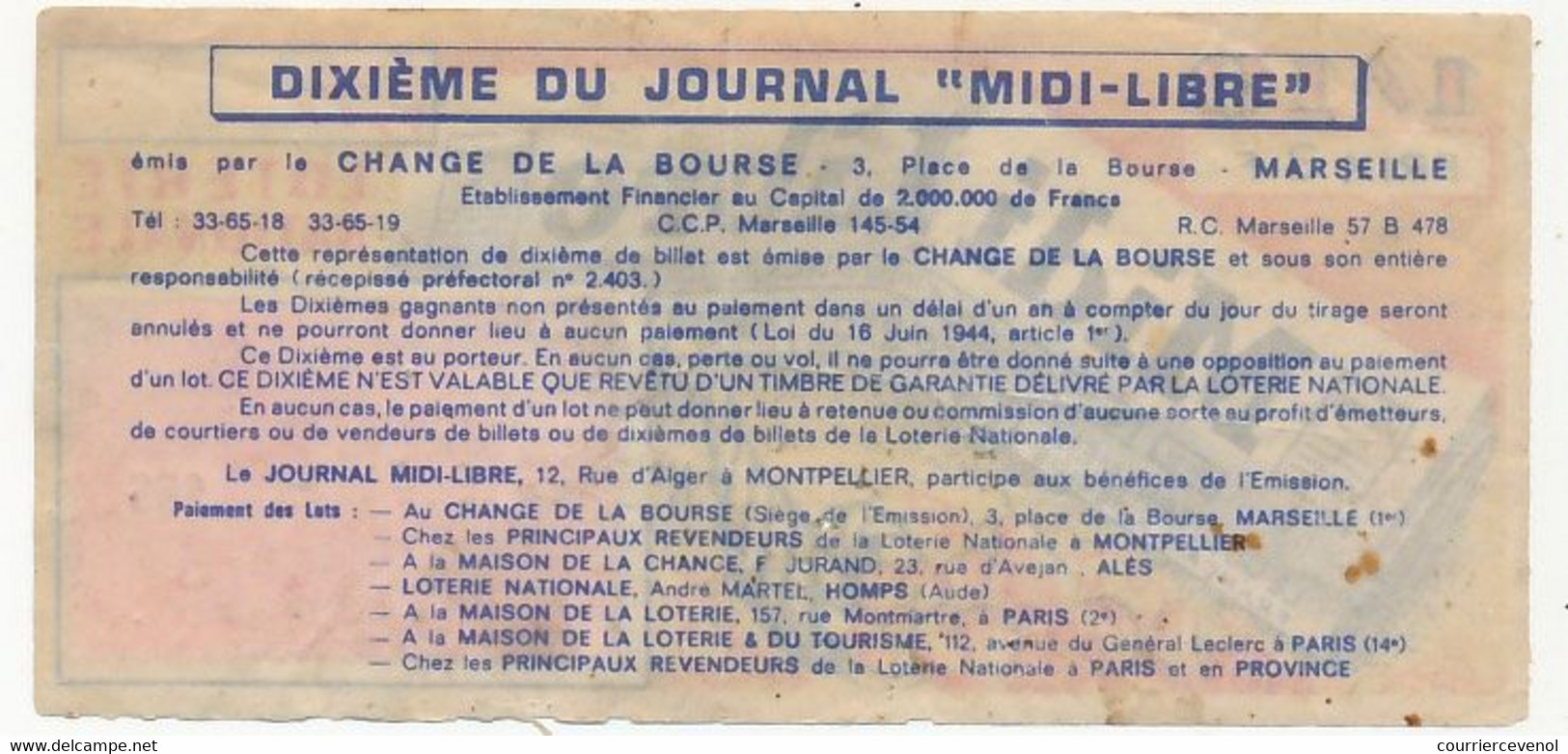 FRANCE - Loterie Nationale - 1/10ème - MIDI LIBRE - 34eme Tranche 1968 - Billets De Loterie