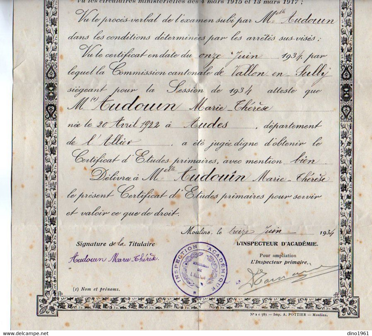 VP20.479 - MOULIN X CLERMONT 1934 - Certificat D'Etudes Primaires - Melle  Marie Thérèse AUDOUIN Née à AUDES ( Allier ) - Diplome Und Schulzeugnisse