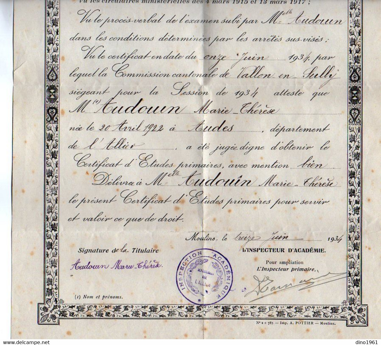 VP20.479 - MOULIN X CLERMONT 1934 - Certificat D'Etudes Primaires - Melle  Marie Thérèse AUDOUIN Née à AUDES ( Allier ) - Diplômes & Bulletins Scolaires