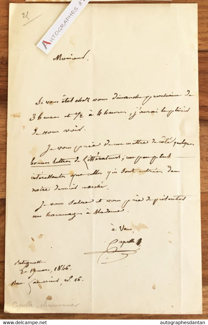 ● L.A.S 1846 Pierre CAPELLE Chansonnier Goguettier & écrivain Né à Montauban - Paris Batignolles - Lettre Autographe - Sänger Und Musiker