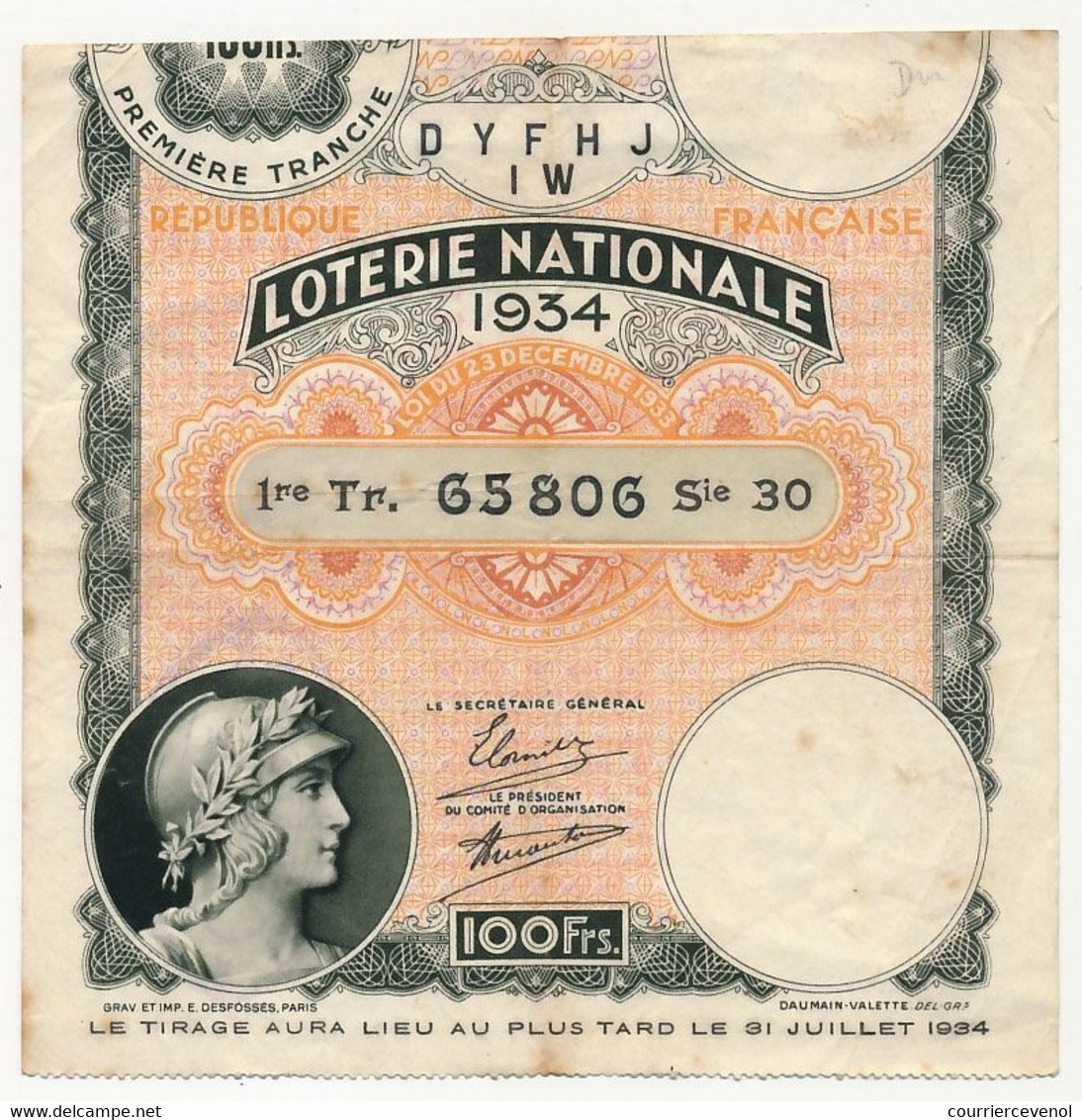 FRANCE - Loterie Nationale - Billet 1ere Tranche 1934 - Billets De Loterie