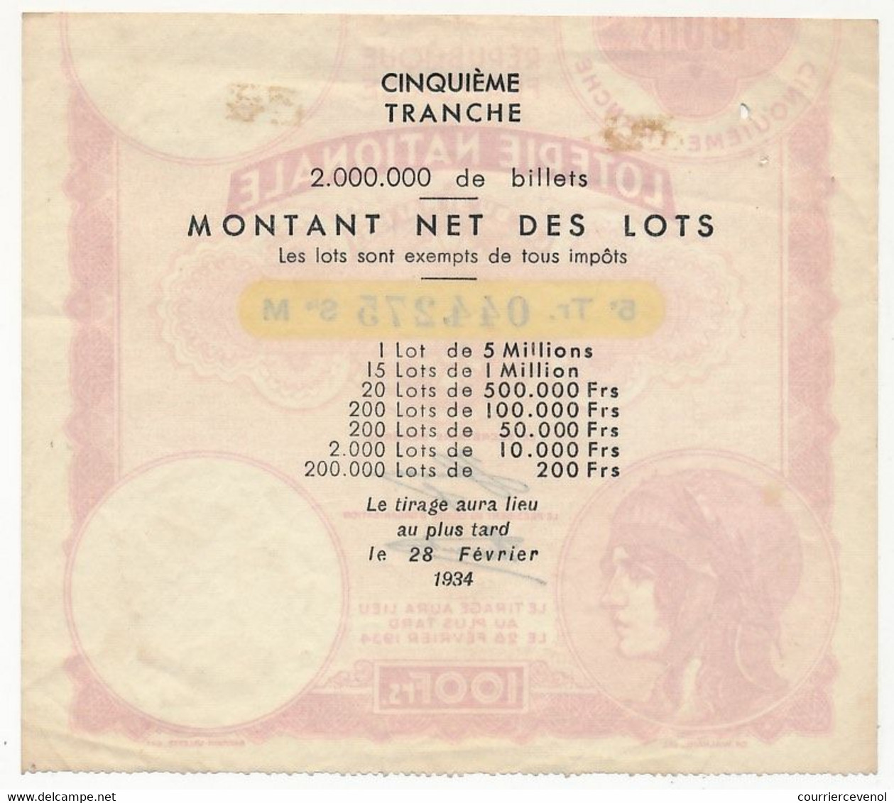 FRANCE - Loterie Nationale - Billet 5eme Tranche 1934 - Lottery Tickets