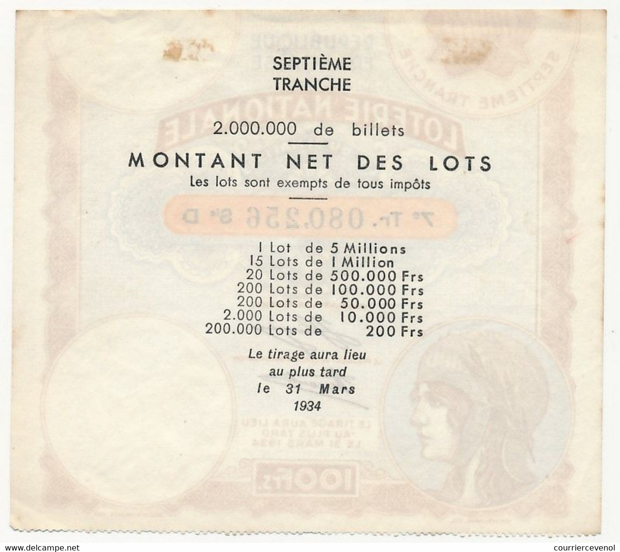 FRANCE - Loterie Nationale - Billet 7eme Tranche 1934 - Loterijbiljetten