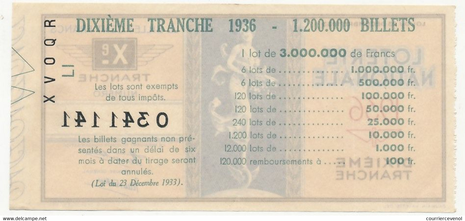 FRANCE - Loterie Nationale - Billet 10eme Tranche 1936 - Lottery Tickets