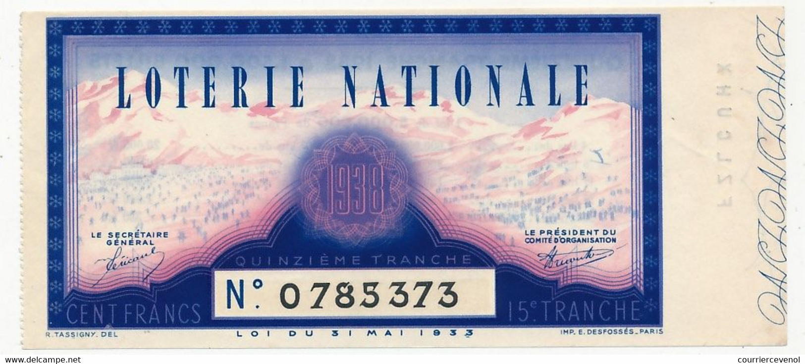 FRANCE - Loterie Nationale - Billet 15eme Tranche 1938 - Billets De Loterie