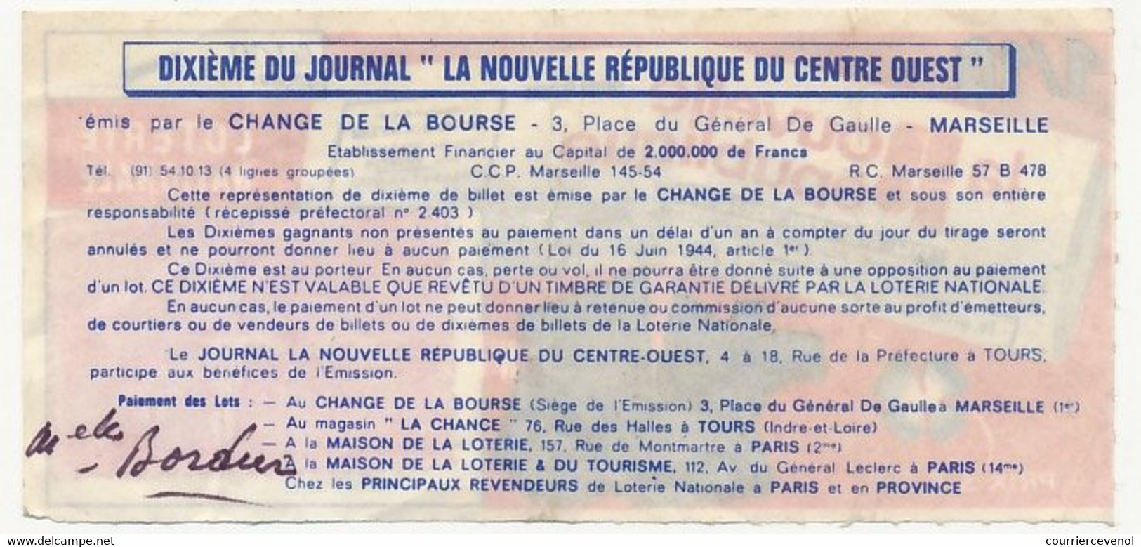 FRANCE - Loterie Nationale - 1/10ème - La Nouvelle République Du Centre Ouest - 29eme Tranche 1973 - Biglietti Della Lotteria