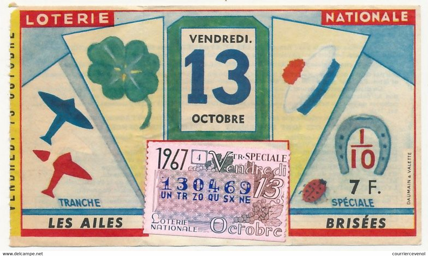 FRANCE - Loterie Nationale - 1/10ème - Les Ailes Brisées - Vendredi 13 Octobre - Tranche Spéciale 1967 - Lottery Tickets