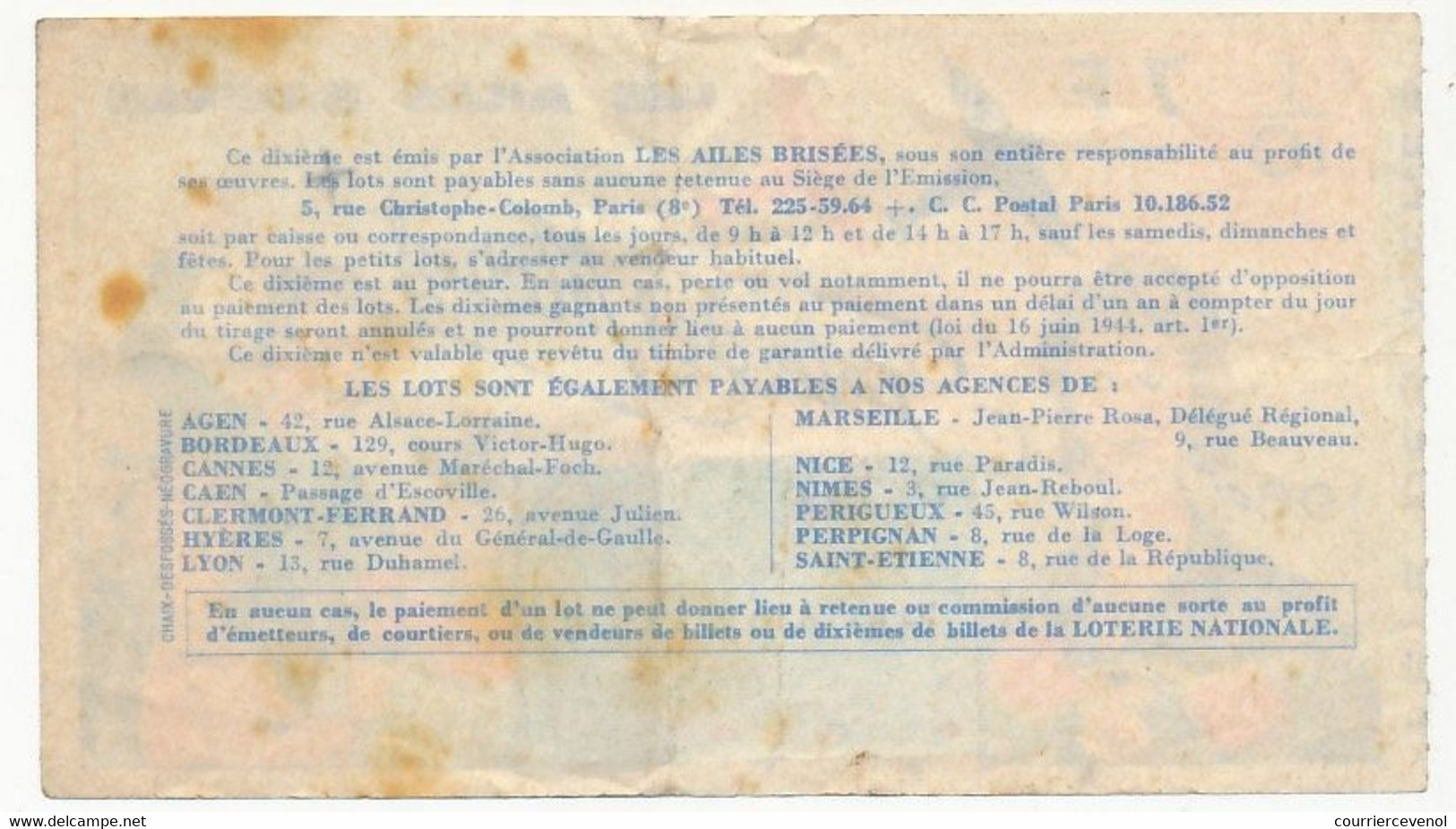 FRANCE - Loterie Nationale - 1/10ème - Les Ailes Brisées - Fête Des Mères - Tranche Spéciale 1966 - Lotterielose