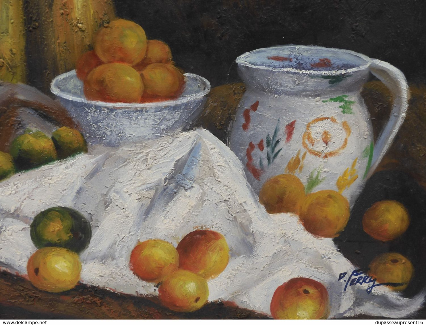 *BELLE HUILE SUR TOILE NATURE MORTE AUX POMMES signée PERRY encadrée déco E