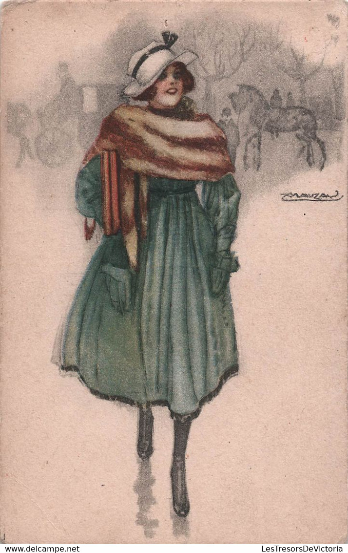 CPA Illustrateur - Mauzan - Femme Devant Un Fiacre En Manteau Vert Et Fourrure Rayée - Chapeau Blanc - Mode - Mauzan, L.A.