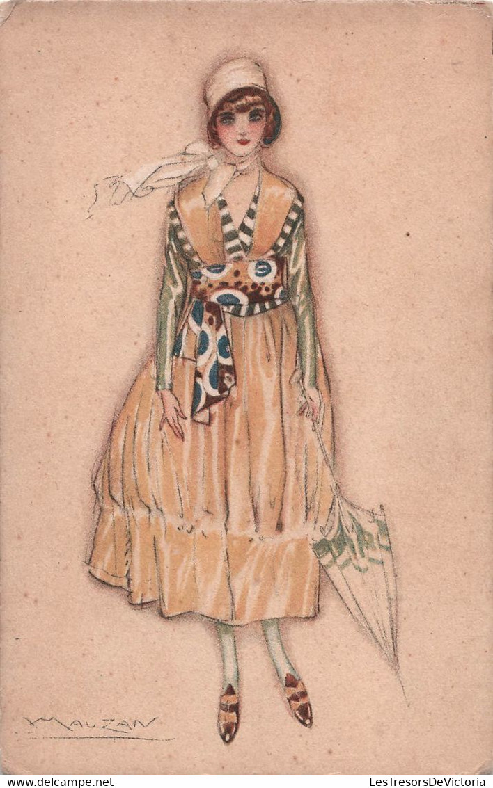 CPA Illustrateur - Mauzan - Femme Avec Une Robe Jaune Et Une Ombrelle - Ceinture Multicolore - Mauzan, L.A.