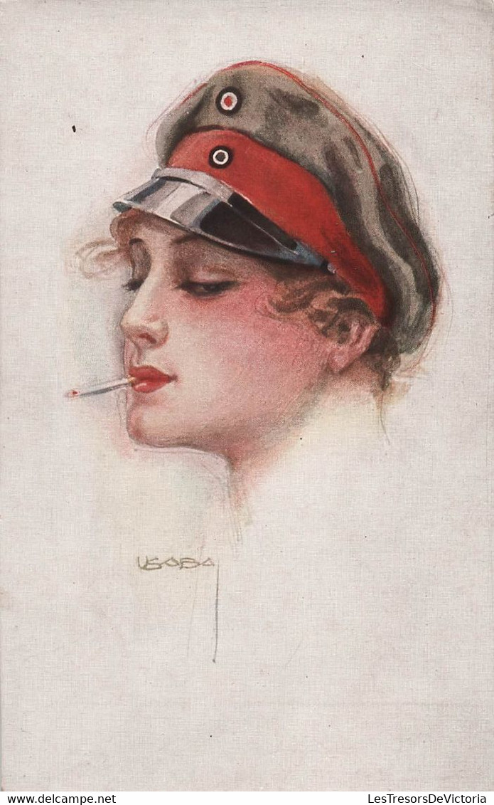 CPA Illustrateur Usabal - Femme Avec Une Casquette Militaire Fumant Une Cigarette - Usabal