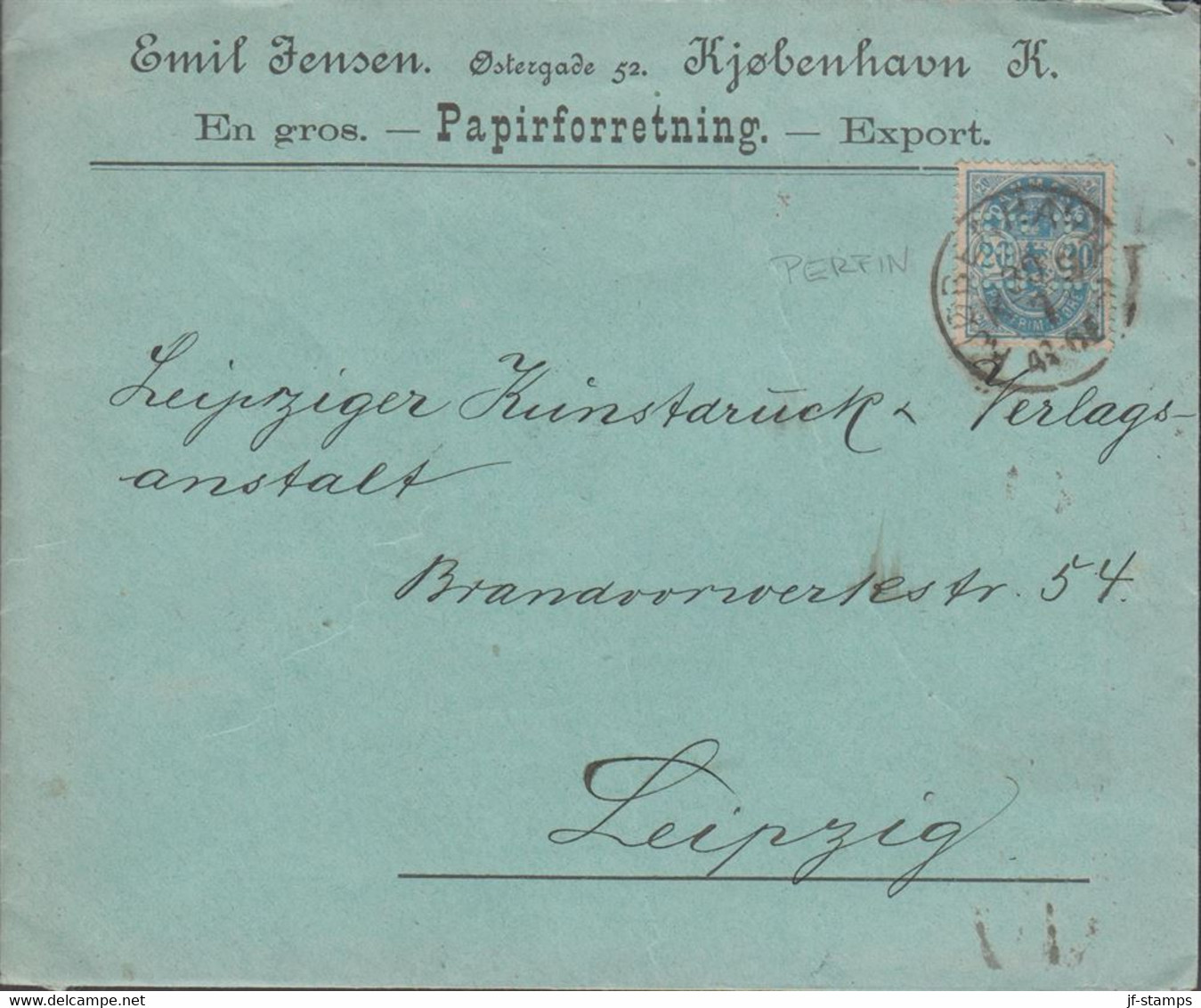 1884. DANMARK. Coat-of Arms. Large Corner Figures. 20 Øre Blue. Perf. 14x13½ WITH PERFIN E.J... (Michel 36YA) - JF432931 - Covers & Documents