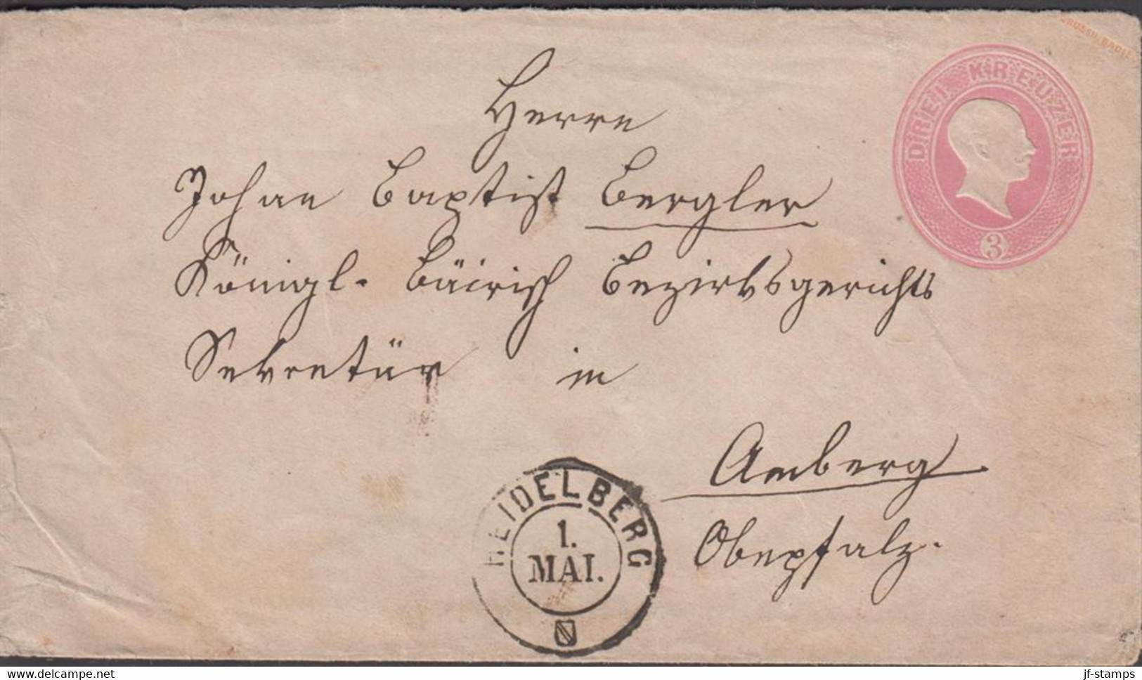 __1870. BADEN. Grossherzog Friedrich 3 DREI KREUZER Envelope Cancelled HEIDELBERG 1 MAI To AMBERG. Reverse... - JF432953 - Briefe U. Dokumente