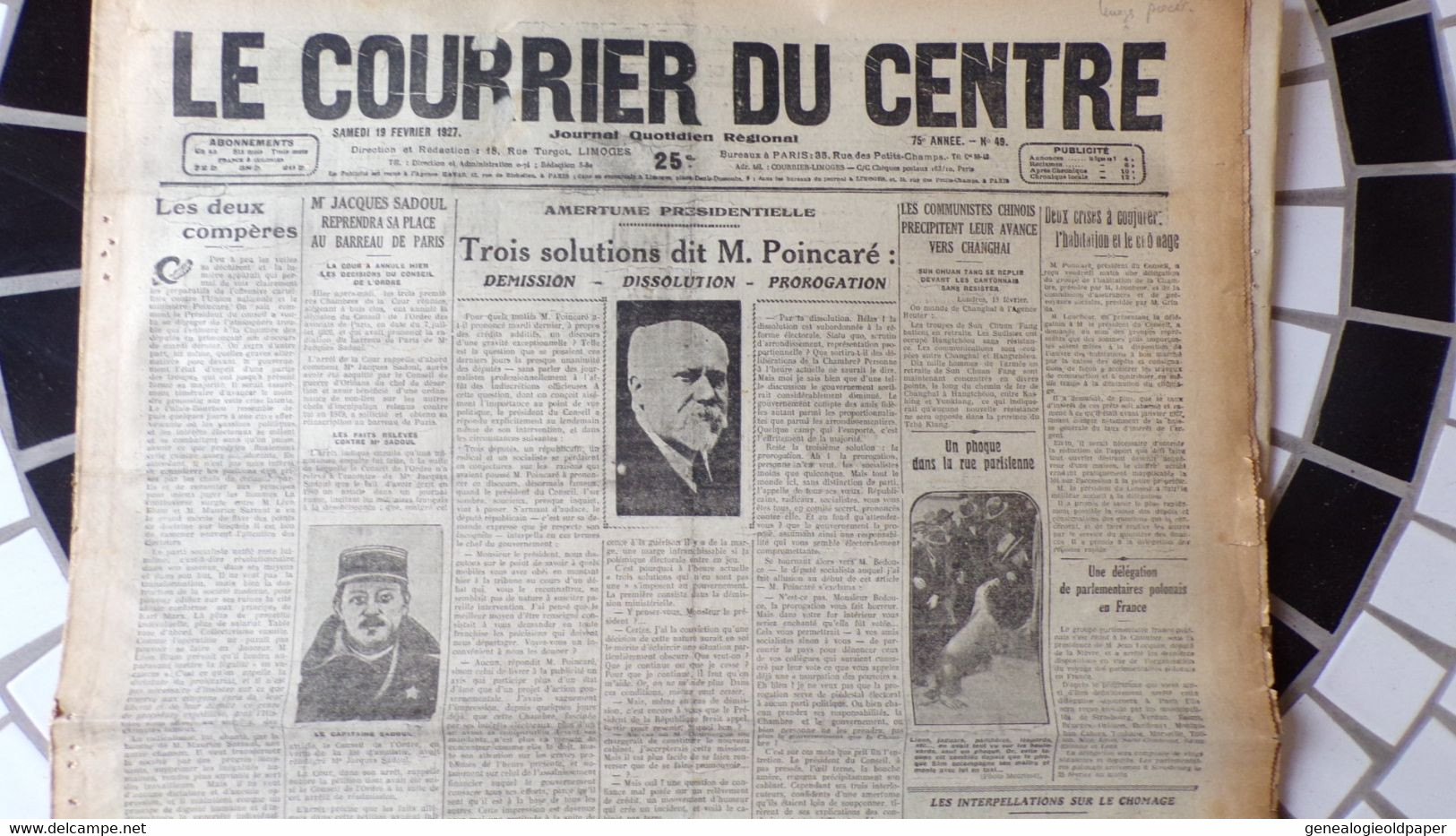 87- LIMOGES-  LE COURRIER DU CENTRE-19 FEVRIER 1927-POINCARE-JACQUES SADOUL-CANNES-PROCES SANDRI-ADER-ROQUETTE - Historical Documents