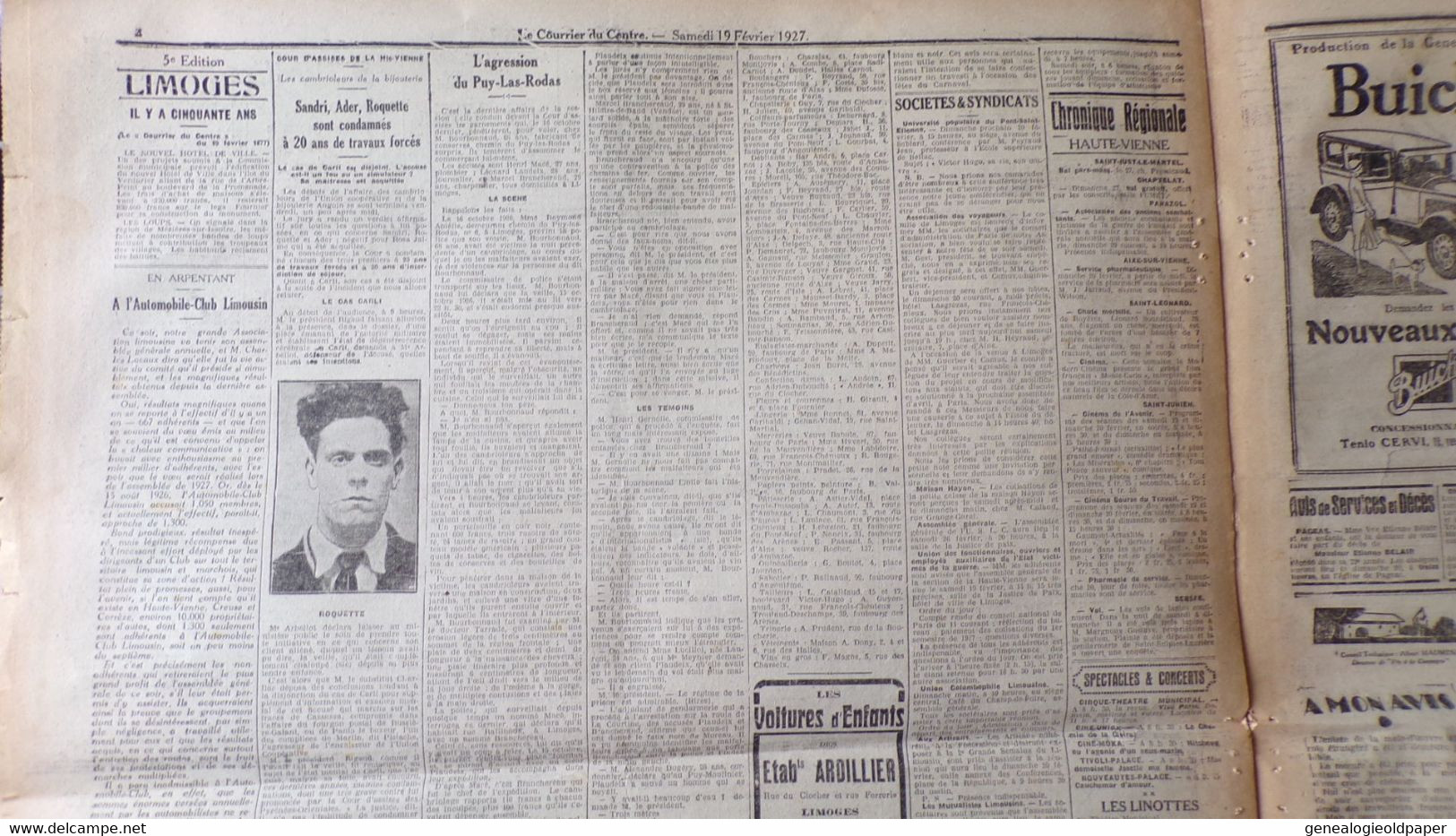 87- LIMOGES-  LE COURRIER DU CENTRE-19 FEVRIER 1927-POINCARE-JACQUES SADOUL-CANNES-PROCES SANDRI-ADER-ROQUETTE - Historical Documents