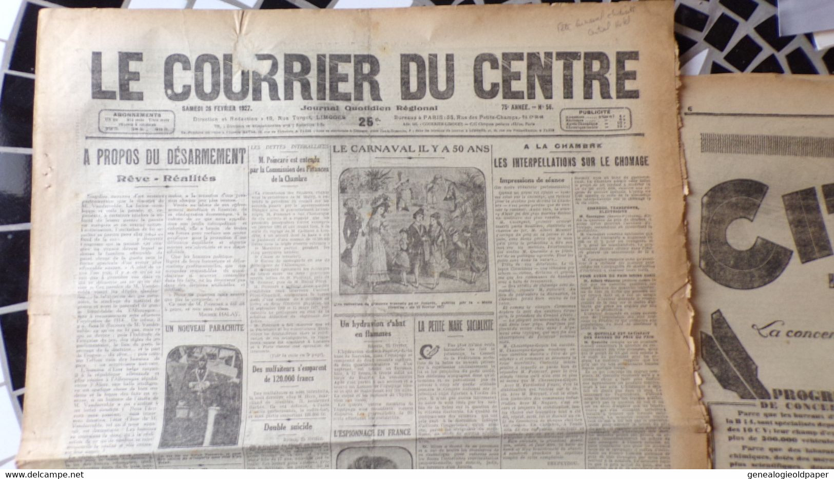 87- LIMOGES-  LE COURRIER DU CENTRE-26 FEVRIER 1927-FETE CARNAVAL ETUDIANTS CENTRAL HOTEL-PARACHUTE-BINET BORET-POINCARE - Historical Documents