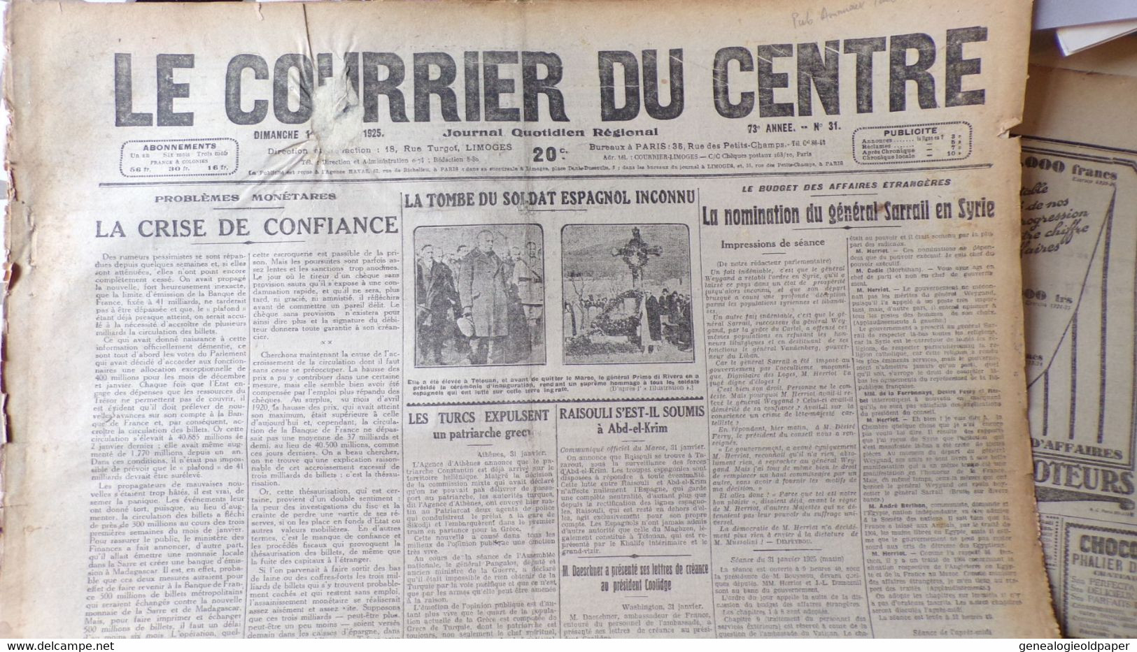 87- LIMOGES-  LE COURRIER DU CENTRE 1925-GENERAL SARRAIL EN SYRIE-TETOUAN MAROC-AMOUROUX TOULOUSE-HERRIOT - Historical Documents