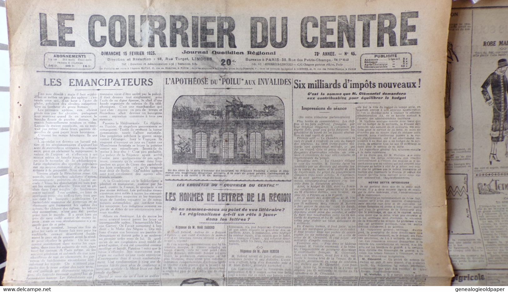 87- LIMOGES-  LE COURRIER DU CENTRE -15 FEVRIER 1925-INVALIDES-NOEL SABORD-JEAN REBIER- - Historical Documents