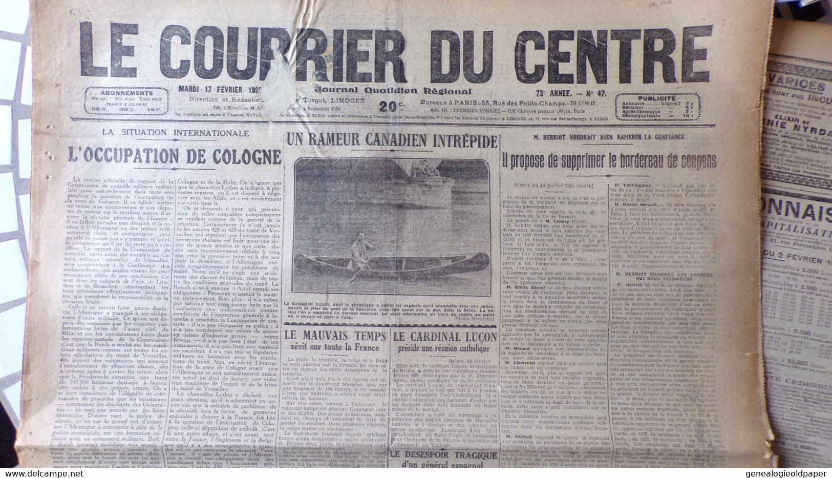 87- LIMOGES-  LE COURRIER DU CENTRE -17 FEVRIER 1925-CANADA SMITH-GENERAL DABAN ESOAGNE-OCCUPATION COLOGNE-ETUDIANTS - Historical Documents