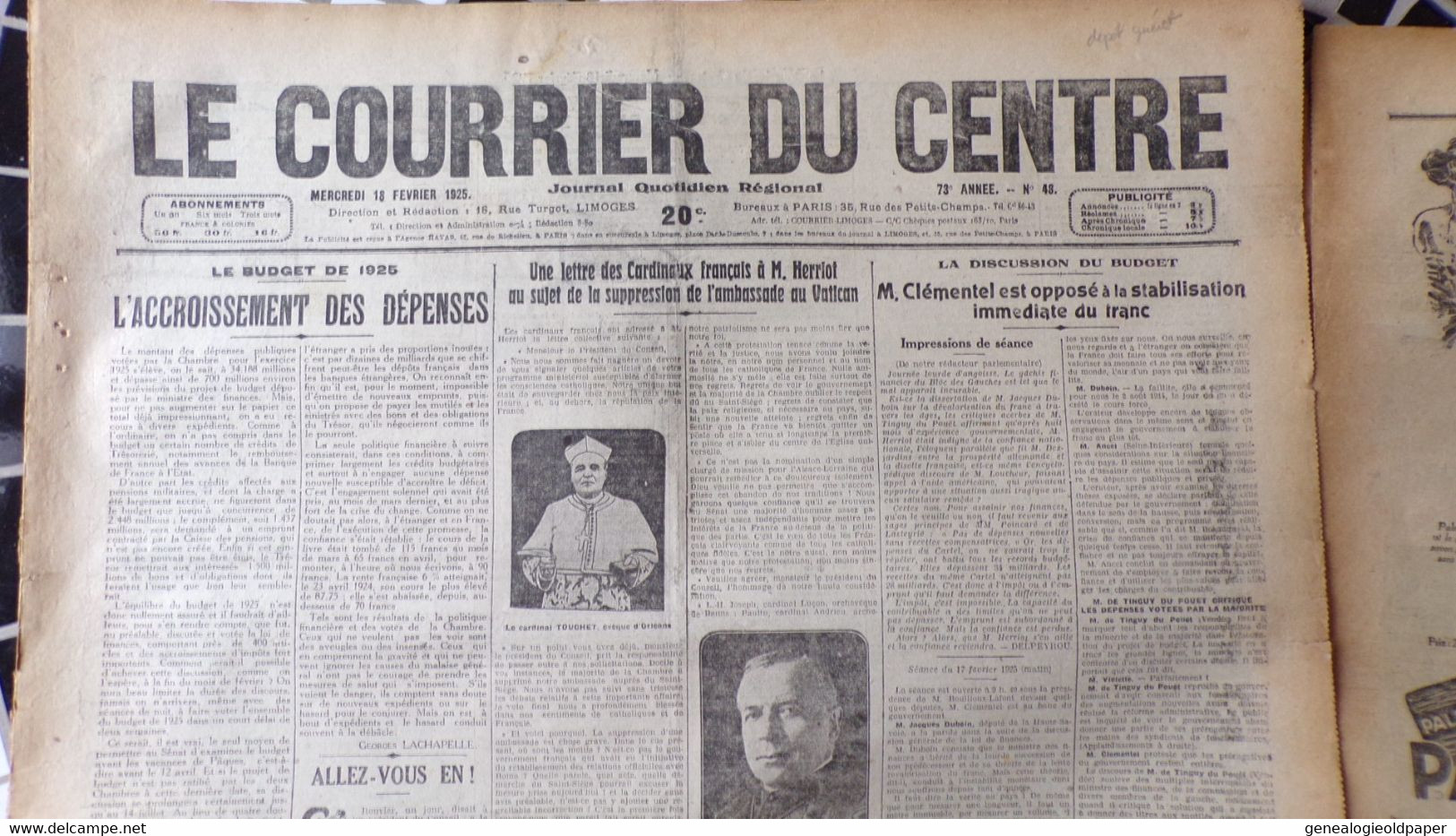 87- LIMOGES-  LE COURRIER DU CENTRE -18 FEVRIER 1925-CARDINAL TOUCHET-DUBOIS-HERRIOT-DEPOT GUERET-EDWARD EATON ELLIS - Historical Documents