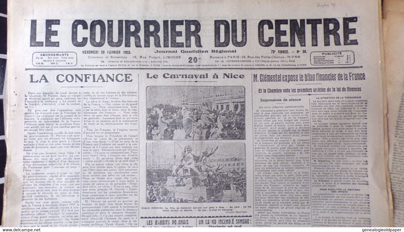 87- LIMOGES-  LE COURRIER DU CENTRE -20 FEVRIER 1925-CARNAVAL NICE-RUGBY-JOSEPH CAILLAUX-CLEMENTEL ET LA FRANCE - Historical Documents