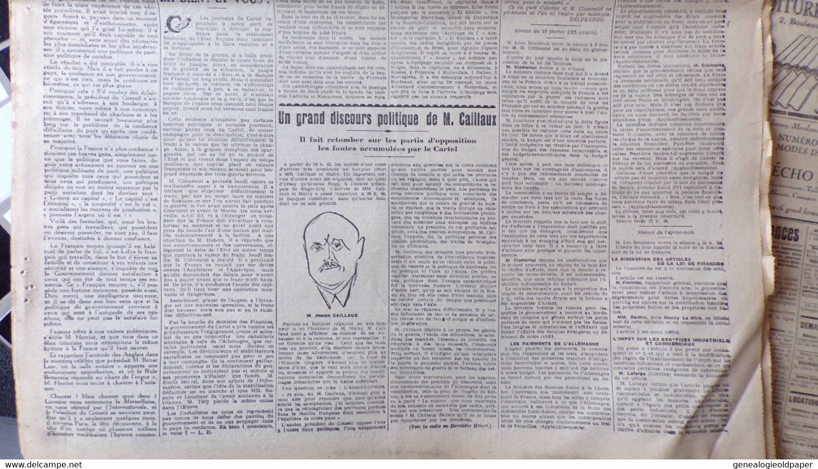 87- LIMOGES-  LE COURRIER DU CENTRE -20 FEVRIER 1925-CARNAVAL NICE-RUGBY-JOSEPH CAILLAUX-CLEMENTEL ET LA FRANCE - Historical Documents