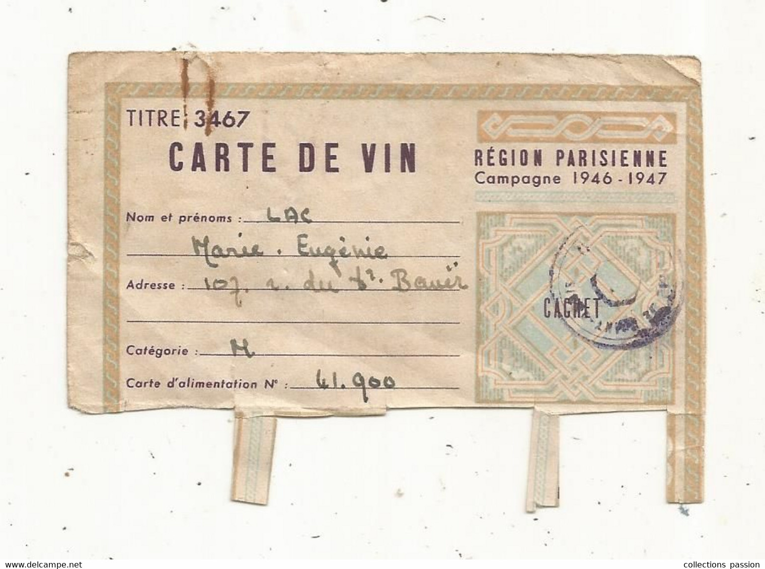 JC, Titre 3467 ,carte De Vin, Région Parisienne , Campagne 1946-1947, épicerie ,crémerie T. Boutier,SAINTDENIS,Seine - Ohne Zuordnung