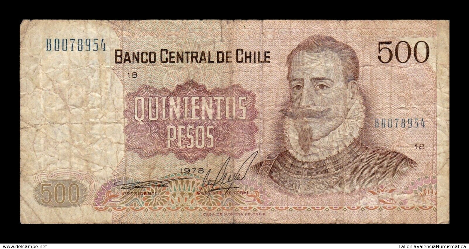 Chile 500 Pesos Pedro De Valdivia 1978 Pick 153a BC- G - Chile