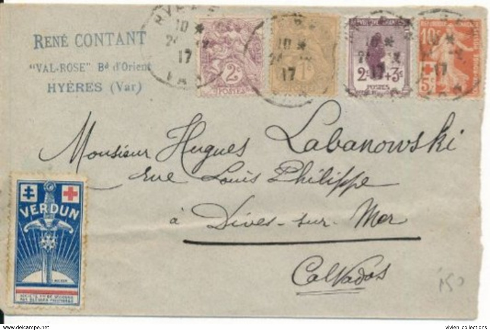 1916 Affranchissement Croix Rouge Et Orphelin De Guerre + Vignette Verdun Et Noël 1916 (dos) Hyères (83) Pour Dives (14) - 1877-1920: Semi Modern Period