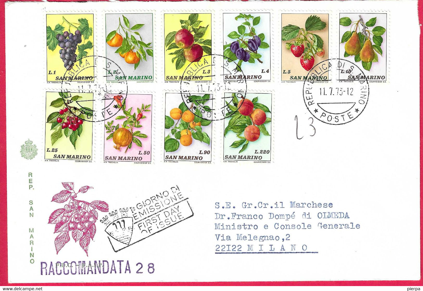 SAN MARINO - SERIE FRUTTA 1973 - SU BUSTA GRANDE CON ANNULLO F.D.C. - RACCOMANDATA PER MILANO - Express Letter Stamps