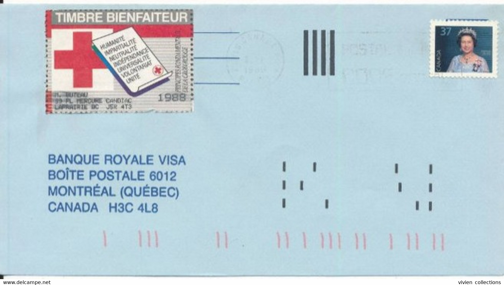 Canada 1988 Timbre Bienfaiteur Croix Rouge Sur Enveloppe Affranchissement Timbre Reine Queen Elisabeth II Banque Royale - Lettres & Documents