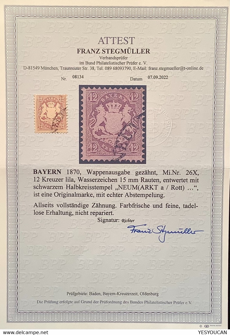 Bayern  Mi. 26X 1870 12 Kr Lila  Gestempelt NEUMARKT A / Rott Fotoattest Stegmüller BPP (Baviére Bavaria Used - Usados