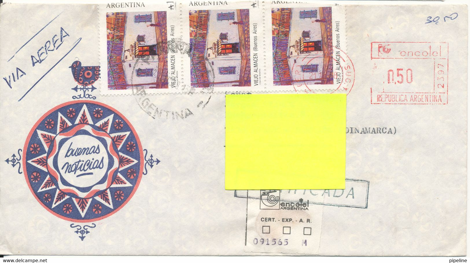 Argentina Registered Cover Sent To Denmark 21-12-1988 With Stamps And A Red Meter Cancel Stamps Bended To The Backside O - Storia Postale