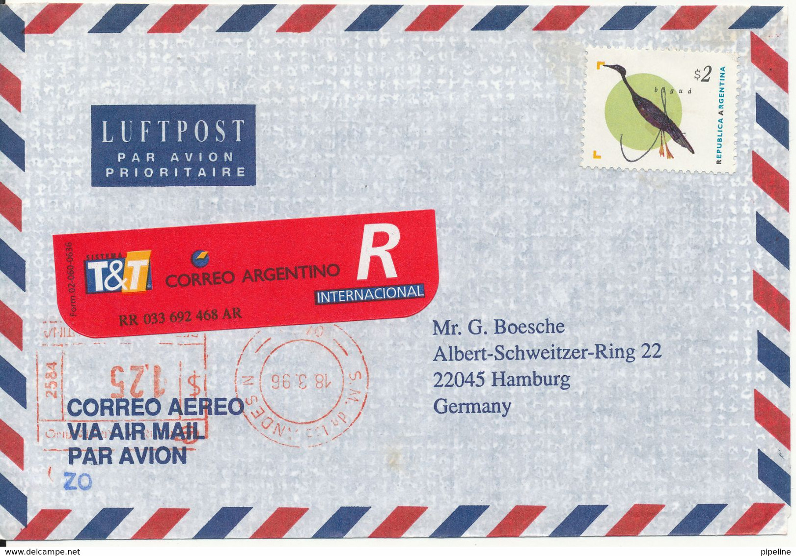 Argentina Registered Air Mail Cover With Meter Cancel And A Stamp  Sent To Germany 18-3-1996 - Brieven En Documenten