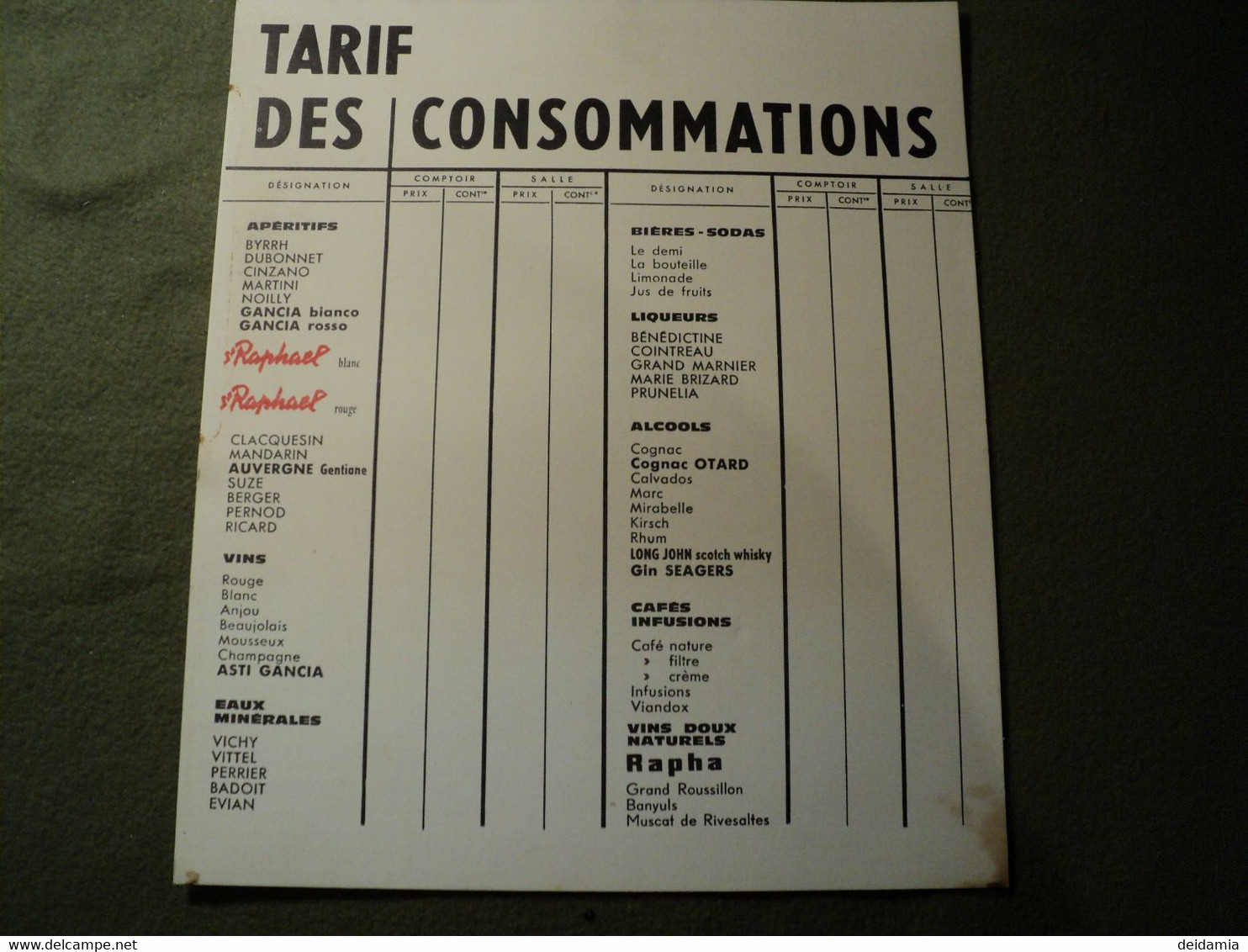 ST RAPHAEL. CARTON PUBLICITAIRE. TARIF DES CONSOMMATIONS TOUS LES PRODUITS DE ST RAPHAEL - Alcools
