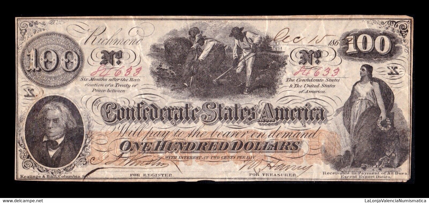 Estados Unidos United States 100 Dollars 1862 Pick 45 Serie X BC F - Valuta Della Confederazione (1861-1864)