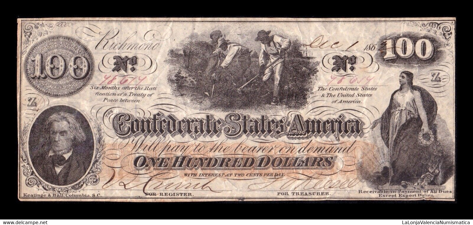 Estados Unidos United States 100 Dollars 1862 Pick 45 Serie Z BC F - Confederate Currency (1861-1864)