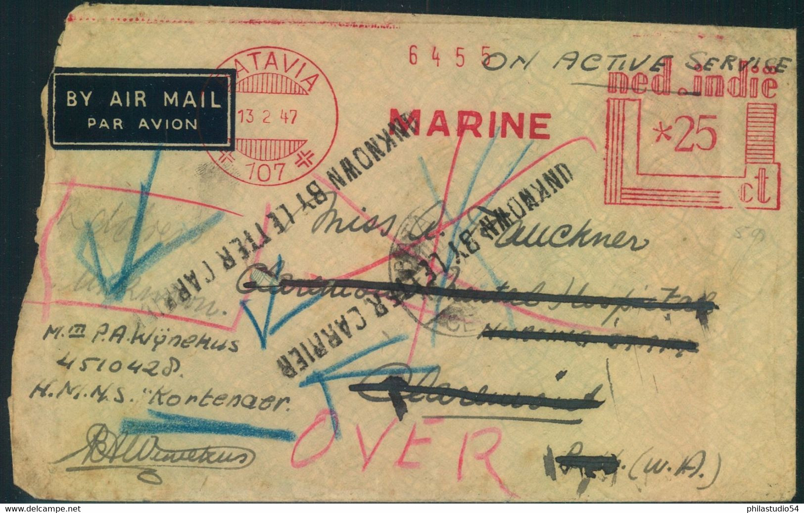 1947, Letter "ON ACTIVE DUTY" With Meter Mark "BATAVIA  MARINE" To Wesrern Australia. There Returned As Unknown - Niederländisch-Indien