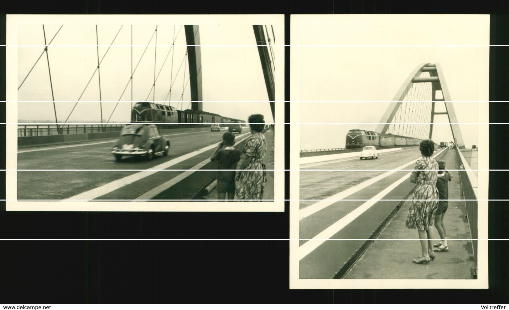 2x Orig. Foto 1963, Ortspartie Brücke Nach Fehmarn, Vogelfluglinie, Fehmarnsundbrücke, Eisenbahn, DB Zug, VW Käfer - Fehmarn