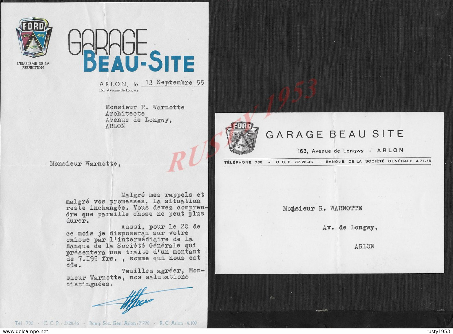 LETTRE COMMERCIALE & CARTE DE VISITE MARQUE FORD VOITURE GARAGE BEAU SITE À ARLON BELGIQUE 1953/52 : - Automobile