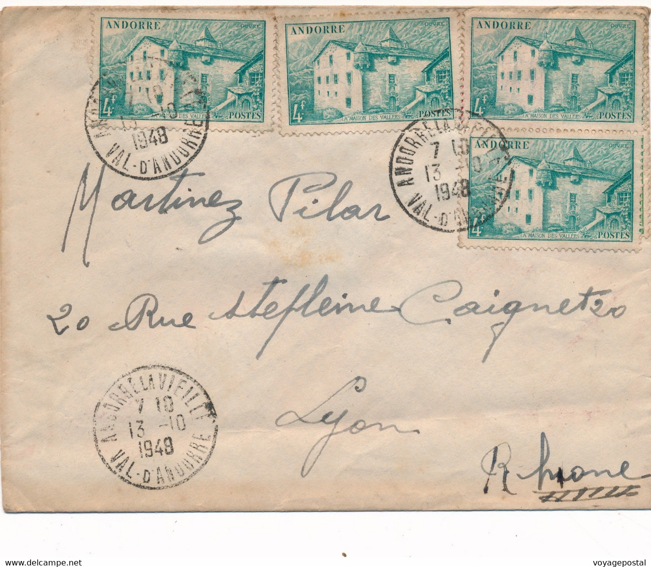 LETTRE EXPEDITEUR BARCELONA ANDORRE LA VIELLE POUR LYON COVER ANDORRA 1948 - Briefe U. Dokumente