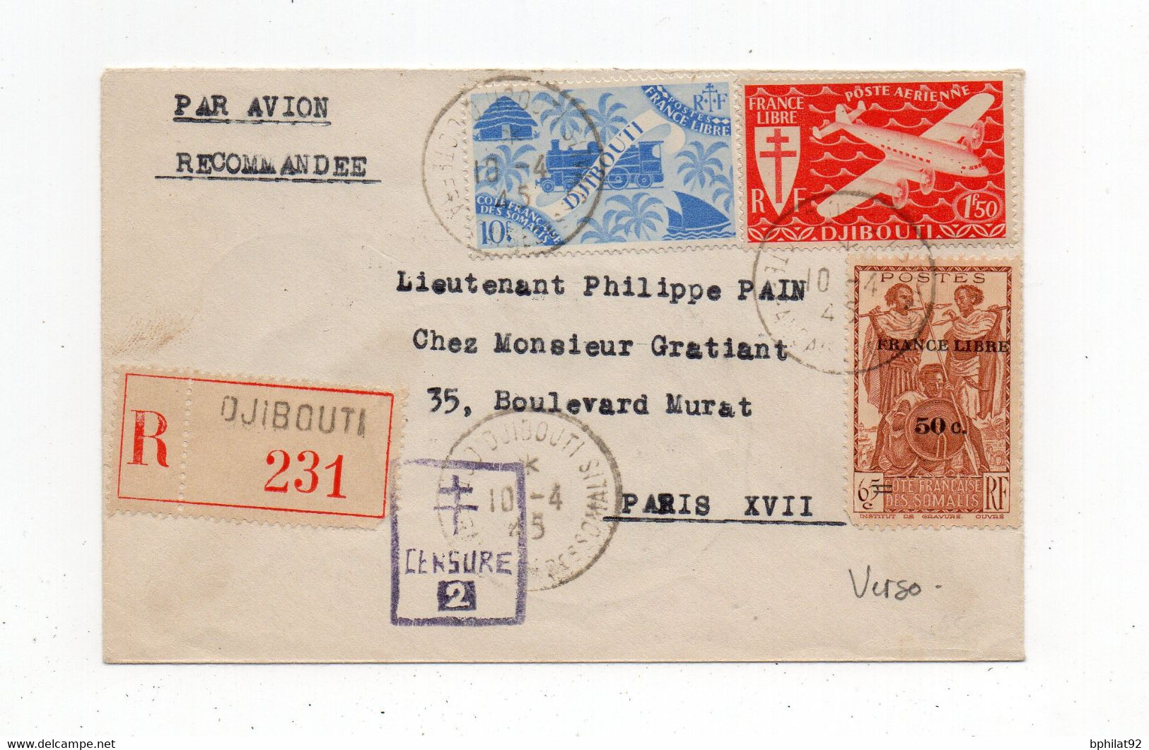 !!! LETTRE RECO PAR AVION DE DJIBOUTI POUR PARIS DU 10/4/1945 AVEC CENSURE FRANCE LIBRE. CACHET TROUPES COLONIALES... - Brieven En Documenten