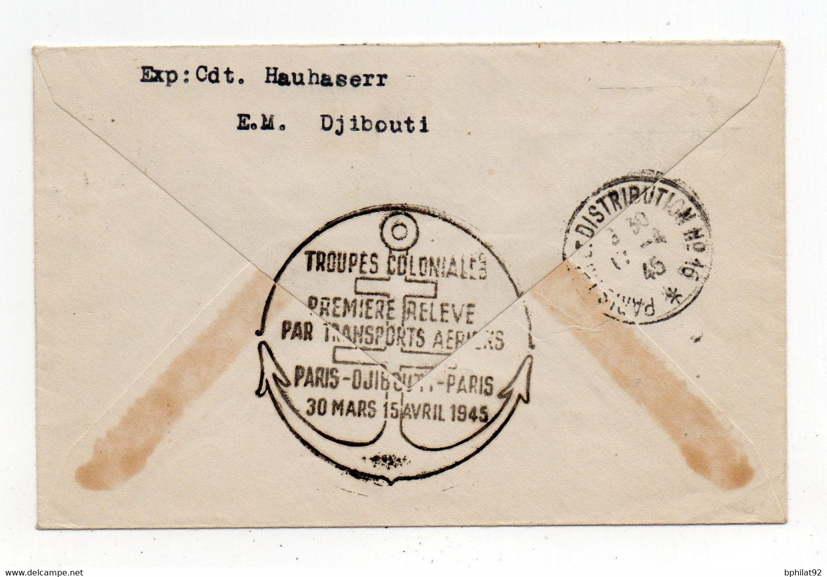 !!! LETTRE RECO PAR AVION DE DJIBOUTI POUR PARIS DU 10/4/1945 AVEC CENSURE FRANCE LIBRE. CACHET TROUPES COLONIALES... - Covers & Documents