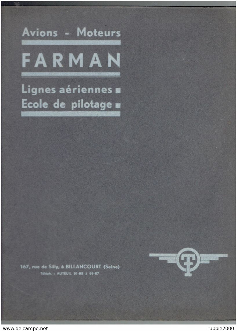 AVIONS MOTEURS FARMAN 167 RUE DE SILLY A BILLANCOURT LIGNES AERIENNES ECOLE DE PILOTAGE AVIATION PORTE DOCUMENTS CARTON - Artículos De Papelería