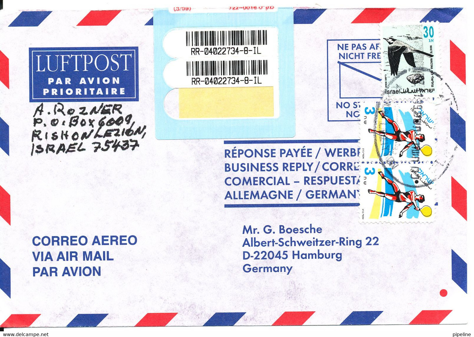 Israel Registered Air Mail Cover Sent To Germany 7-11-1999 - Aéreo