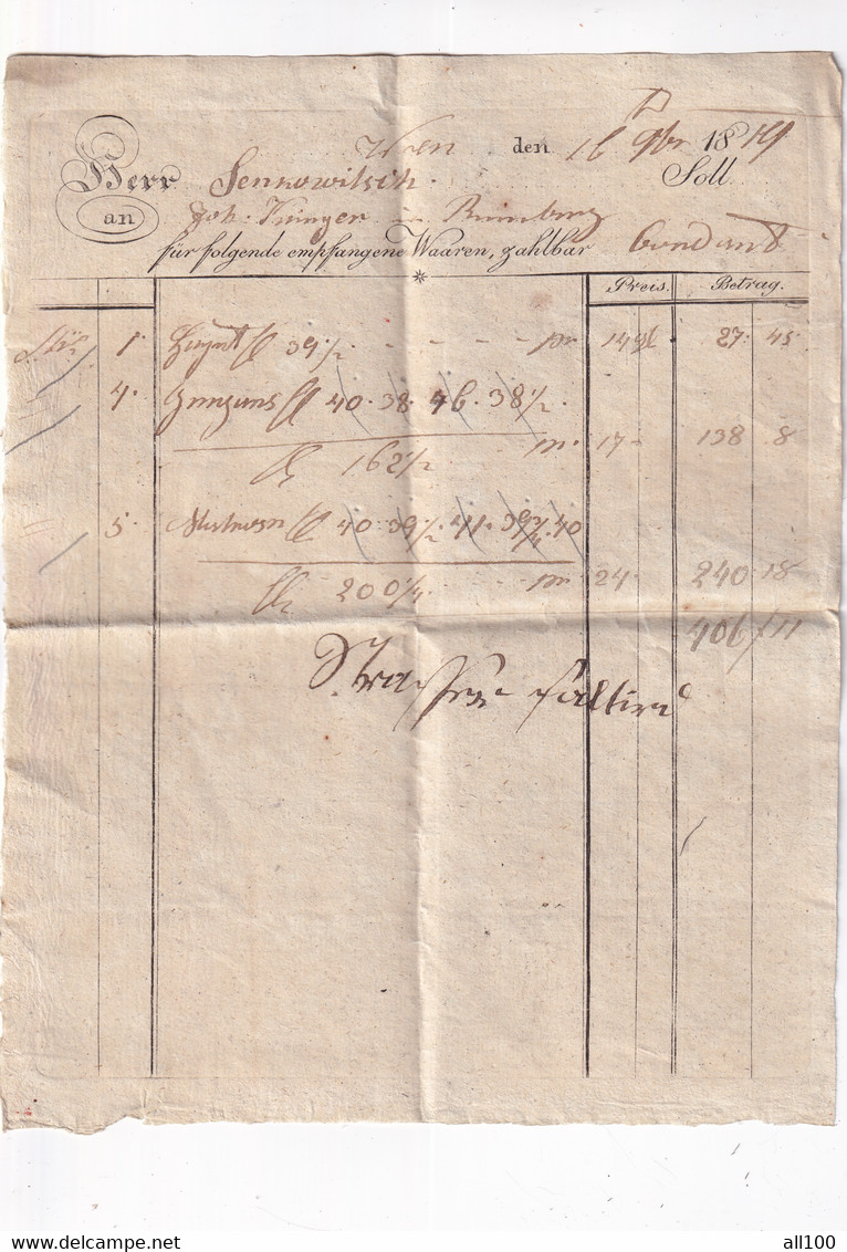 A18723 - INVOICE FROM AUSTRIA WIEN VIENA 1819 FUR FOLGENDE EMPFANGENE WAAREN ZAHLBAR - Autriche